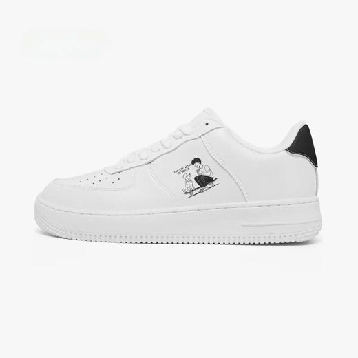 Outer side view of the left shoe featuring an all-white silhouette, "CHILLIN' WITH MY BESTIE" illustration, and textured rubber midsole facing left.