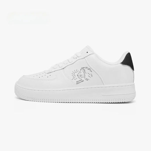 Outer side view of the left sneaker featuring an all-white silhouette, "WILD HEART, PEACEFUL MIND" design, and textured rubber midsole facing left.