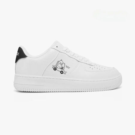 Outer side view of the right sneaker in white leather, highlighting the road rage duck illustration and black heel tab facing right.