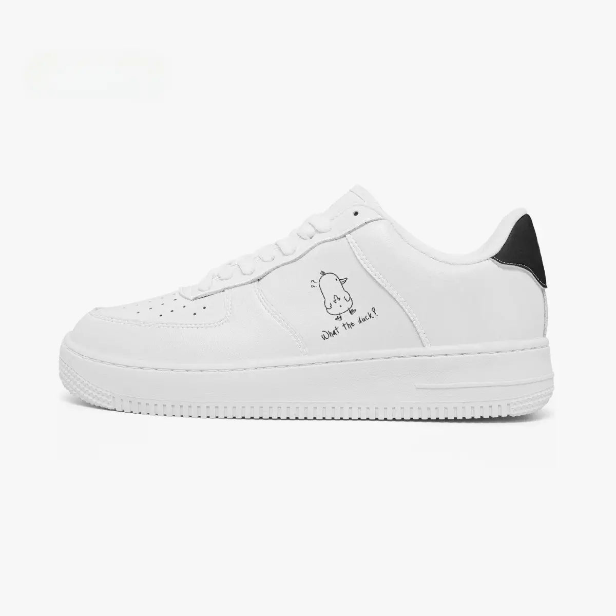 Outer side view of the left shoe in white leather, highlighting the line-art duck illustration and black heel counter facing left.