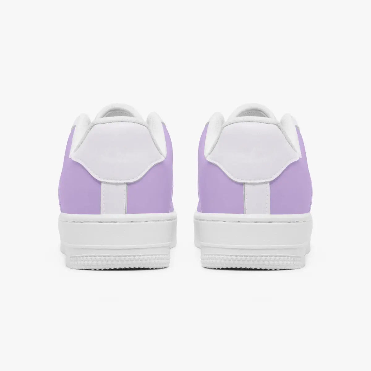 A pair of low-top sneakers shown from the back, featuring light purple uppers and white midsoles and laces, set against a plain white background.