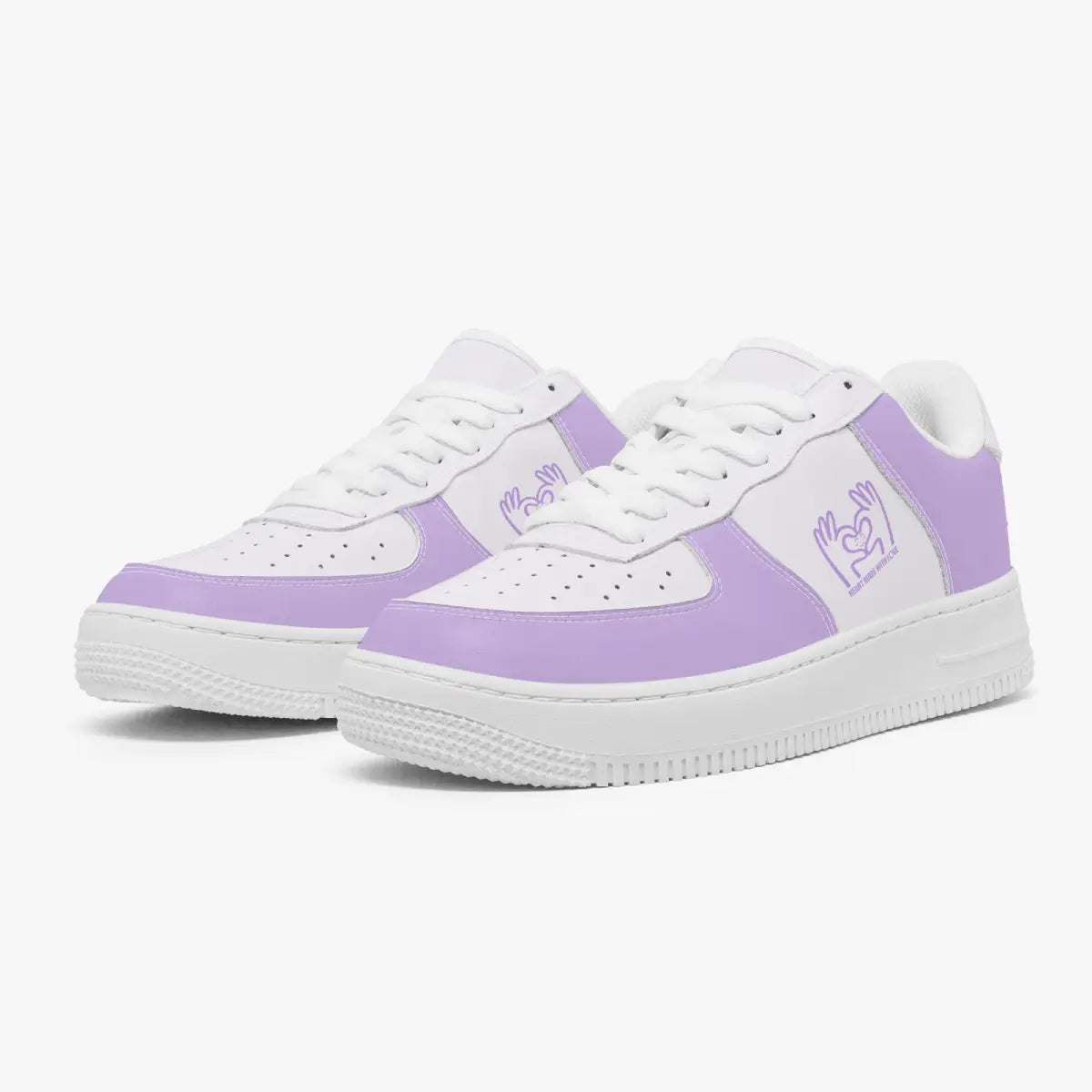 A pair of low-top sneakers in white and light purple, featuring a white rubber sole, white laces, and a small purple graphic logo on the side, set against a plain light gray background.