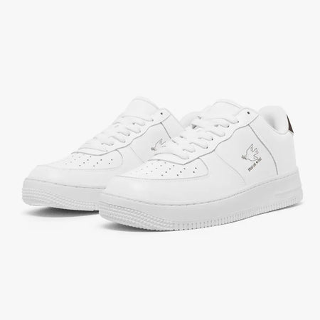Angled three-quarter view of white leather sneakers featuring a dove with an olive branch and "SPREAD LOVE ♥ PEACE" printed on the side panel.