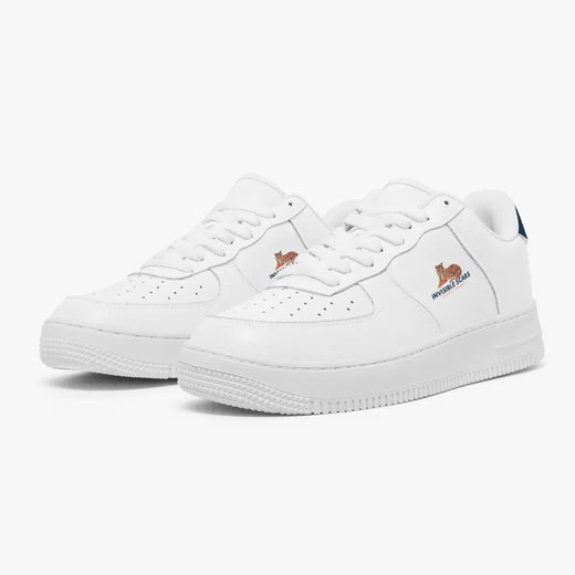 White sneakers with a brand logo on a white background