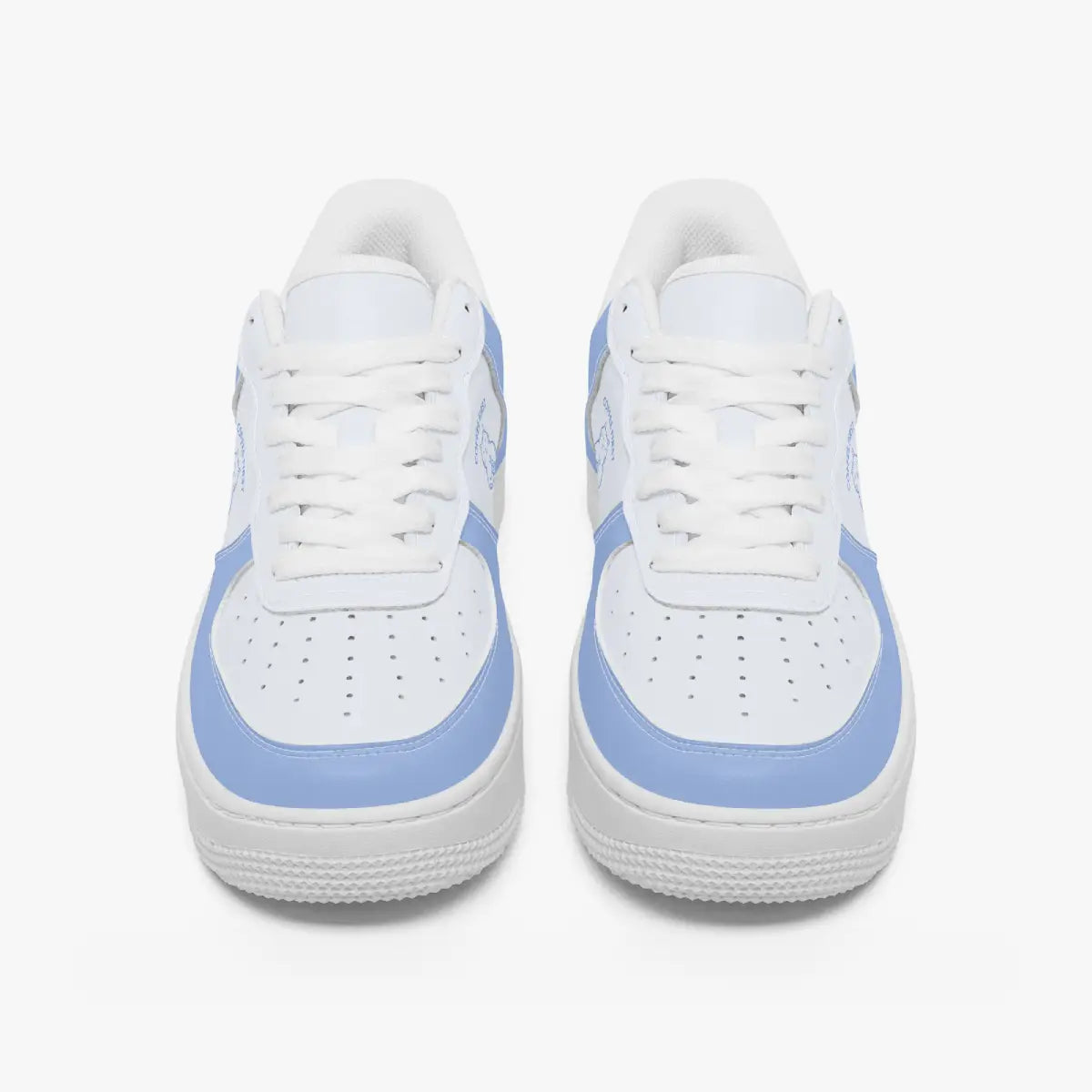 Front view of a pair of white and light periwinkle blue low-top sneakers with white laces and perforated toe caps on a clean white background.