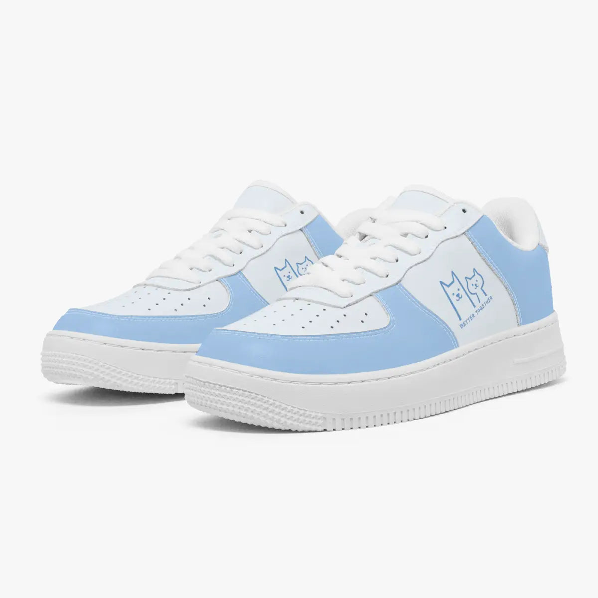 Angled three-quarter view of white and light blue sneakers featuring a minimalist cat illustration and "Better Together" printed on the side.