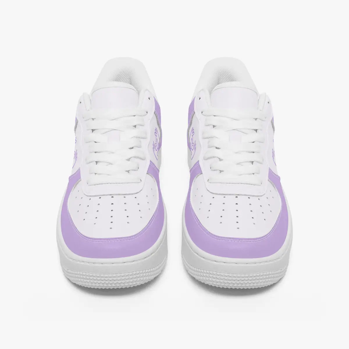 A pair of white low-top sneakers with light purple side panels and matching purple accents on the toe and heel, shown from a front-facing perspective on a light gray background.