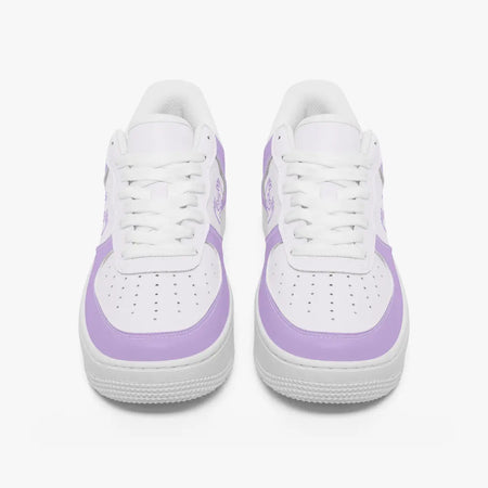 A pair of white low-top sneakers with light purple side panels and matching purple accents on the toe and heel, shown from a front-facing perspective on a light gray background.