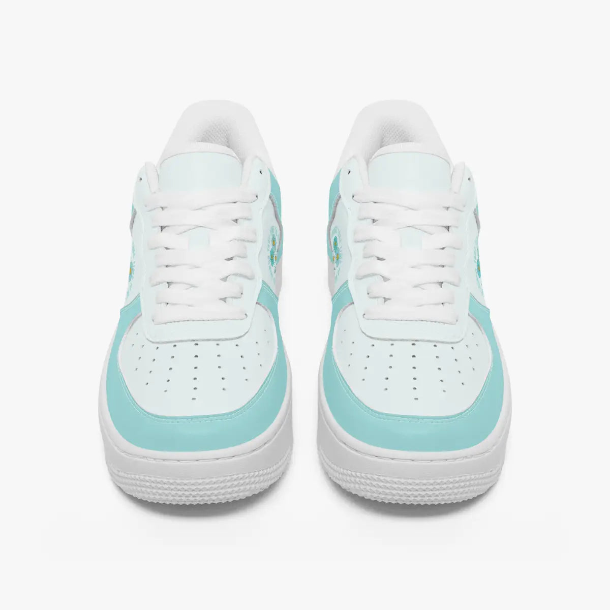 Front view of a pair of white and mint green low-top sneakers with white laces and perforated toe caps on a plain background.