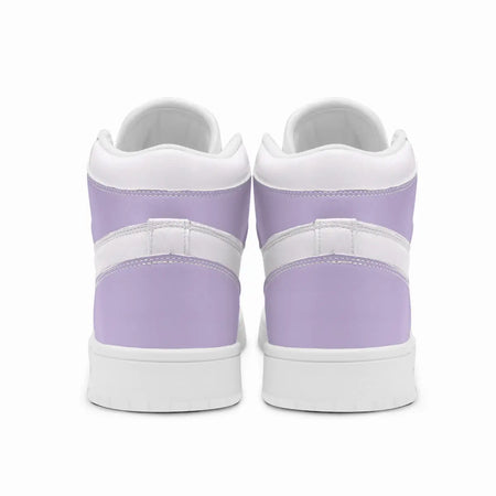Rear view of pastel purple and white high-top sneakers showing the padded ankle collars, heel overlay panels, and flat white rubber soles.