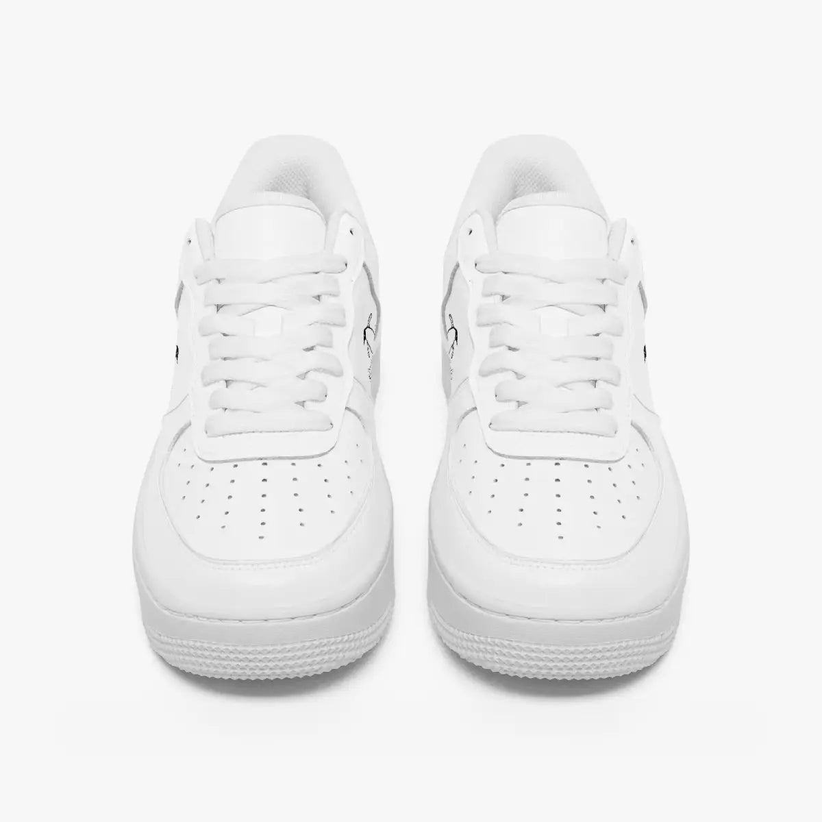 Front view of a pair of minimalist all-white low-top leather sneakers with white laces and perforated toe caps on a clean white background.