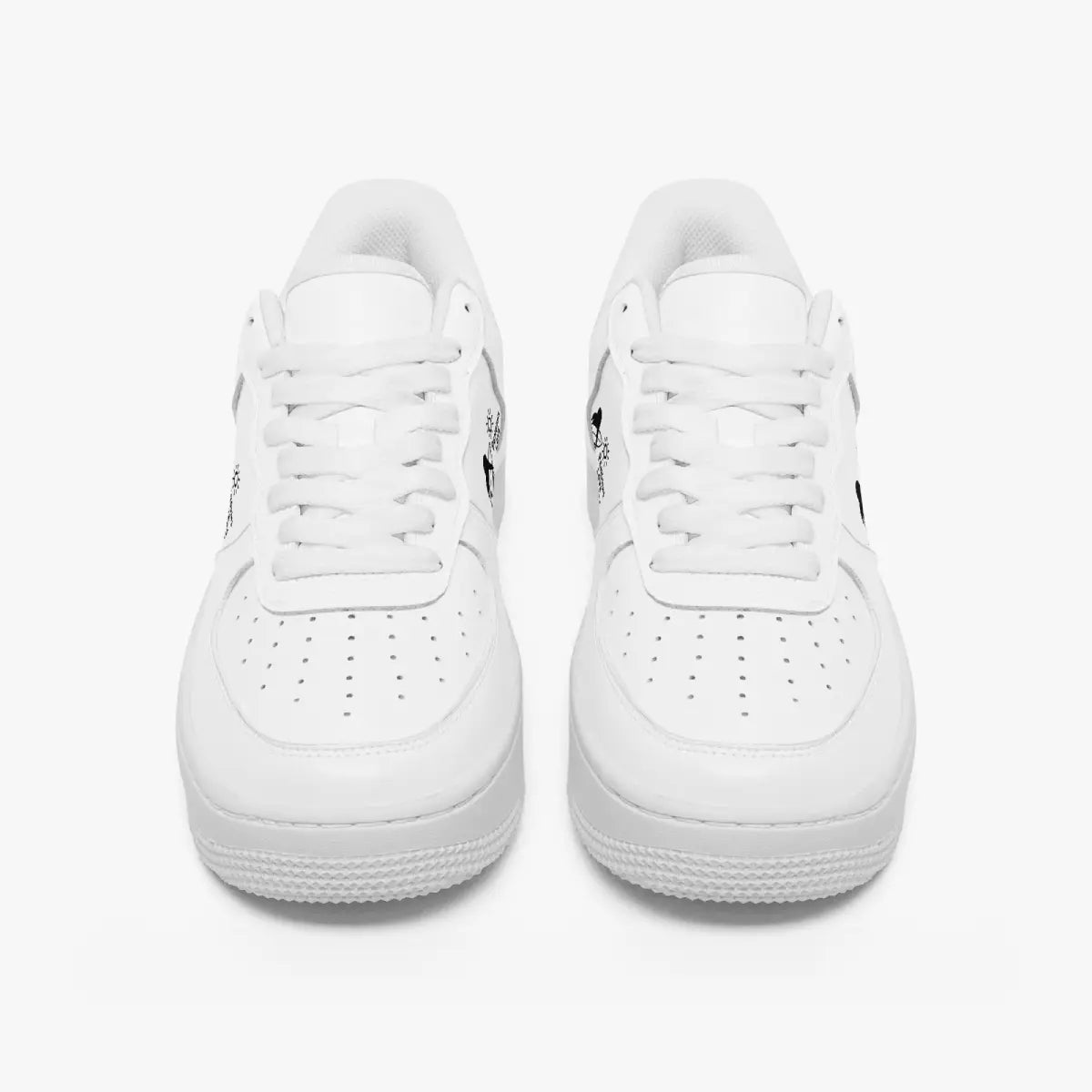 Front view of a pair of all-white low-top leather sneakers with white laces and perforated toe caps on a clean white background.