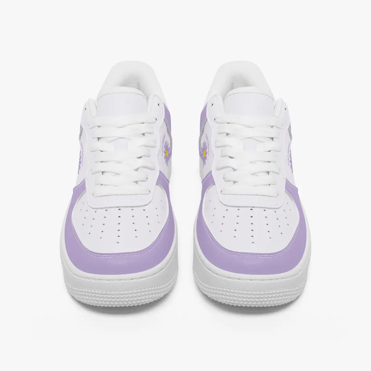 A pair of white low-top sneakers with light purple side panels and matching purple accents on the midsoles, shown from a front-facing perspective on a clean white background.