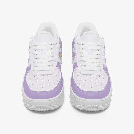 A pair of white low-top sneakers with light purple side panels and matching purple accents on the midsoles, shown from a front-facing perspective on a clean white background.
