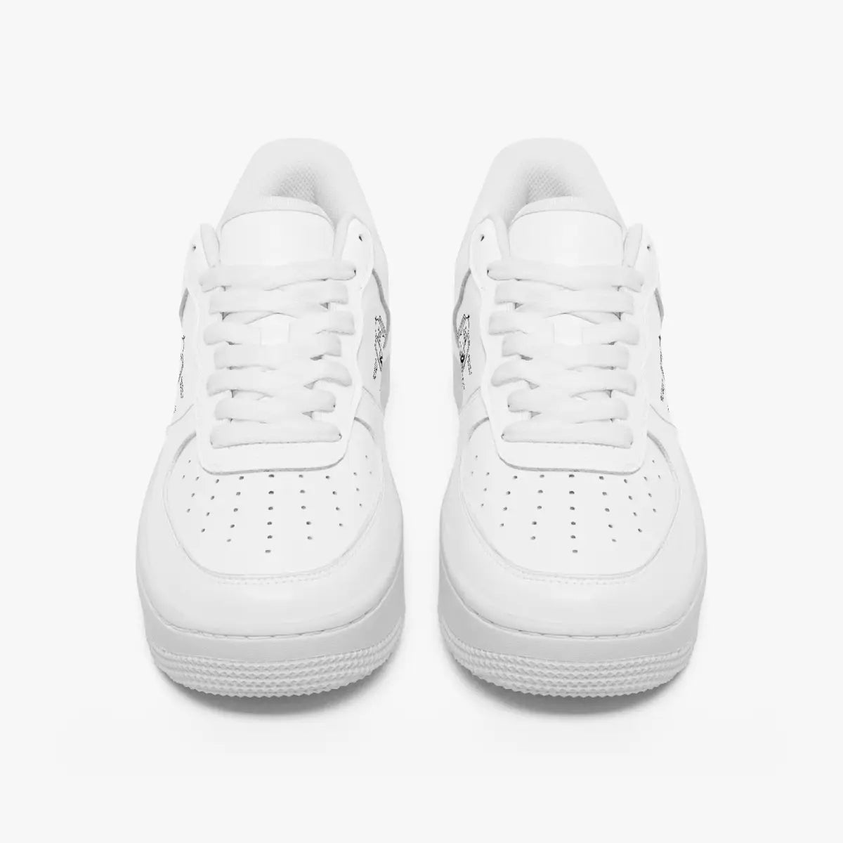 Front view of a pair of minimalist all-white low-top leather sneakers with white laces and perforated toe caps on an isolated white background.