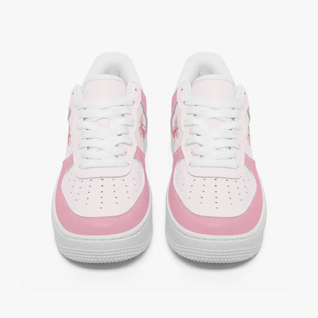 Front view of a pair of pastel pink and soft white low-top sneakers with white laces and perforated toe caps on a clean white background.