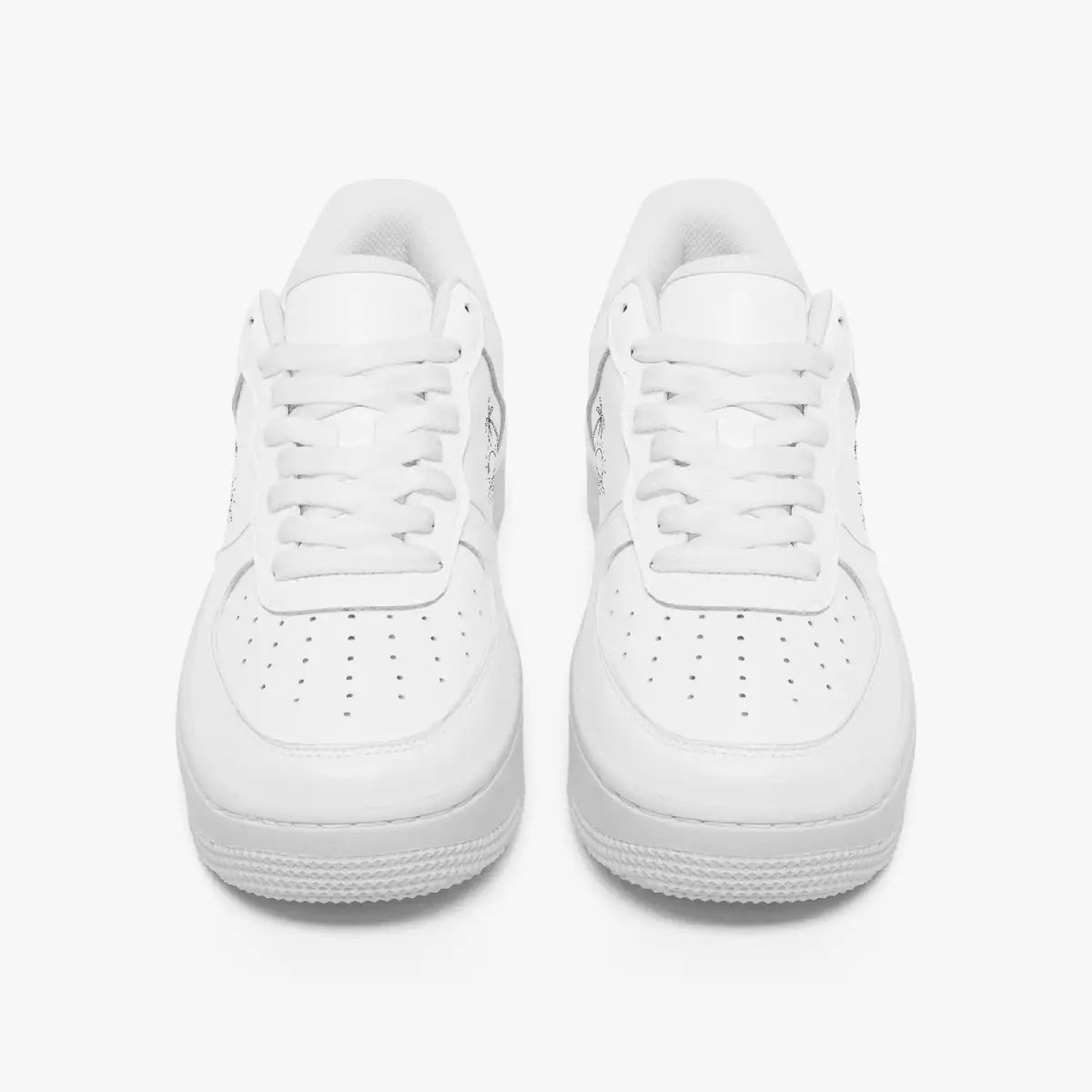 A pair of white low-top sneakers shown from the front on a clean, light gray-white background.
