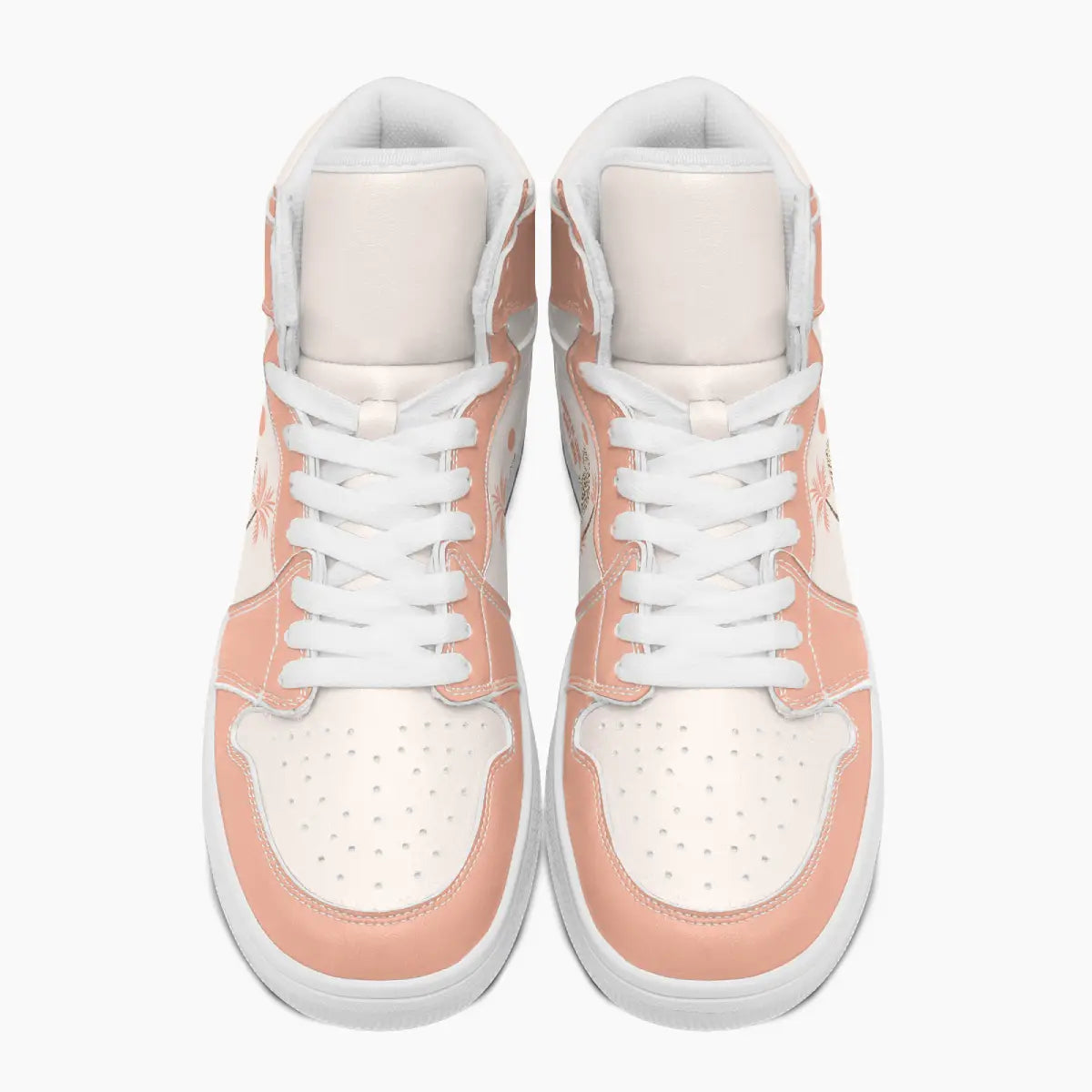 Overhead front view of high-top sneakers in dusty peach and cream leather with white laces and perforated toe boxes.