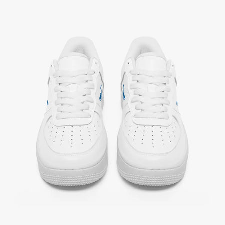 A pair of white low-top sneakers shown from the front on a clean white background.