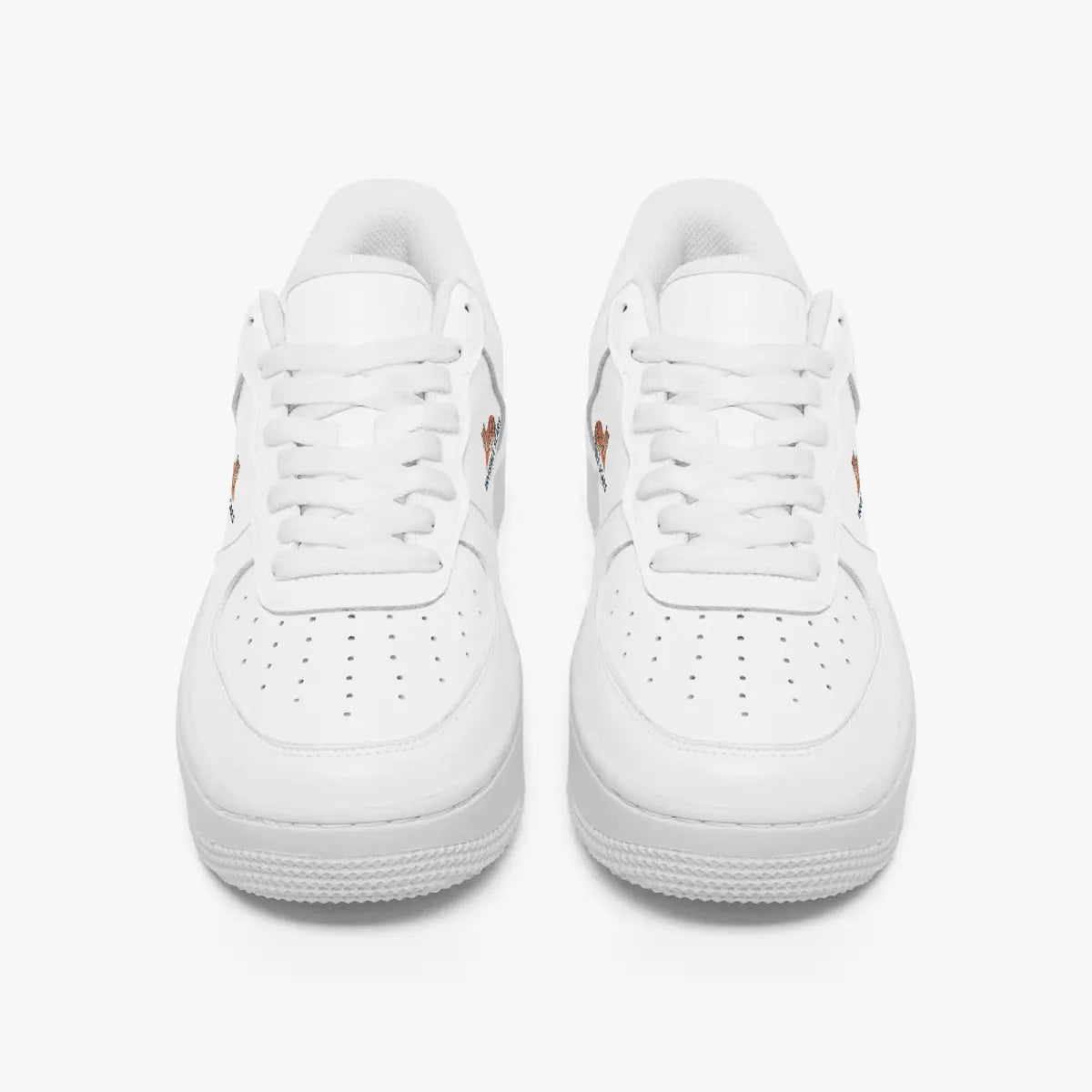 A pair of white low-top sneakers shown from a front-facing overhead angle on a clean white background.