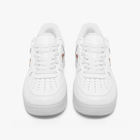 A pair of white low-top sneakers shown from a front-facing overhead angle on a clean white background.
