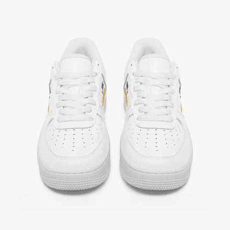 Front view of a pair of clean white low-top leather sneakers with white laces and perforated toe caps on a plain background.