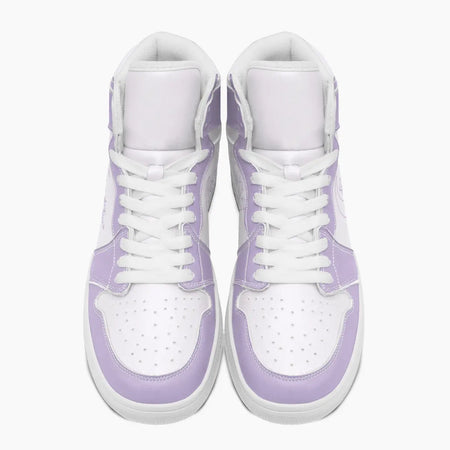 Front view of a pair of high-top sneakers in pastel purple and white leather with white laces and perforated toe boxes on a clean background.