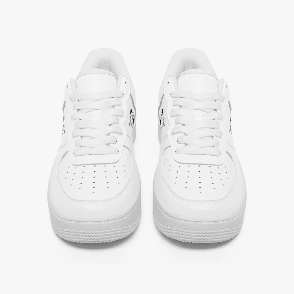 Front view of a pair of minimalist all-white low-top leather sneakers with white laces and perforated toe caps on a clean white background.