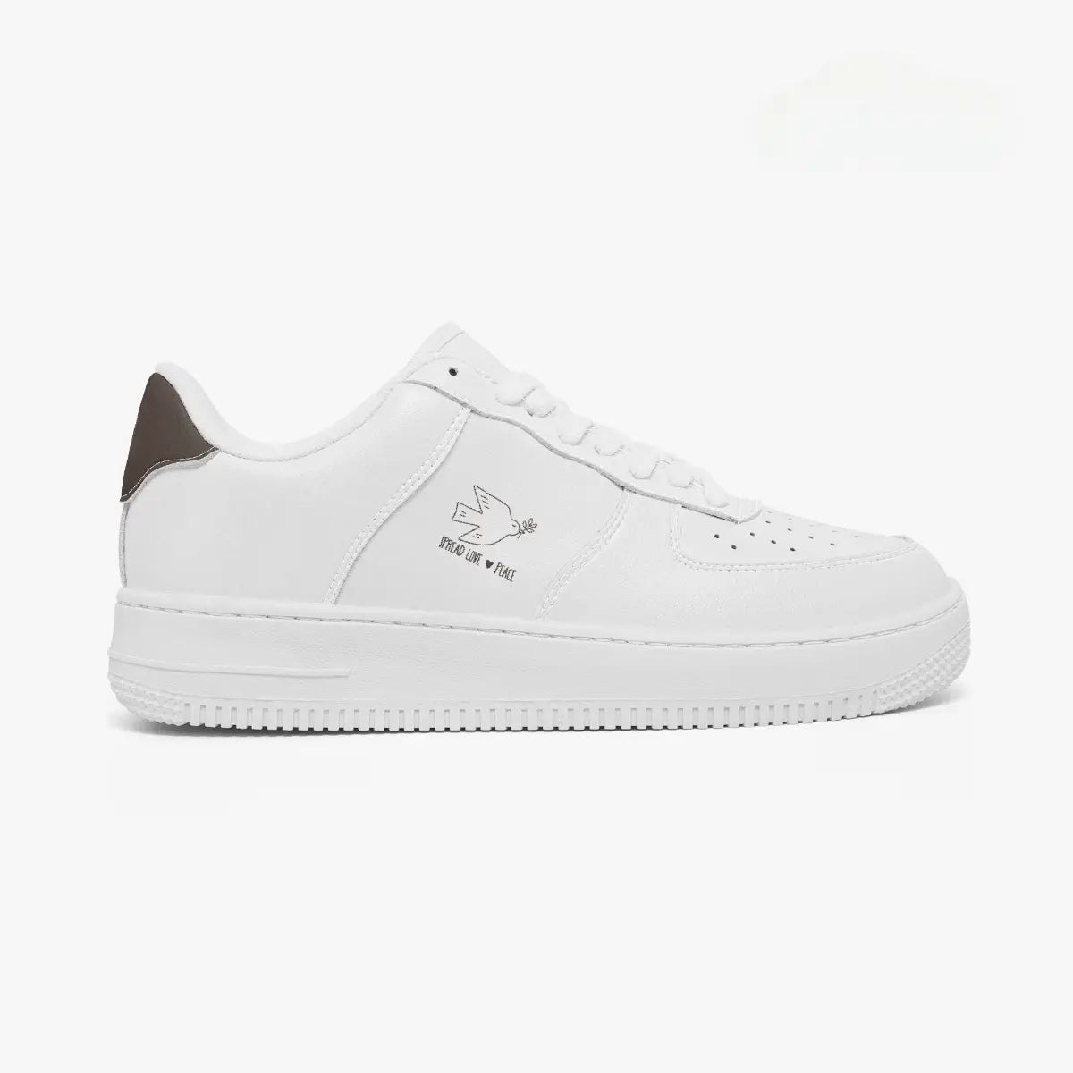 Outer side view of the right sneaker in white, displaying the minimalist "SPREAD LOVE ♥ PEACE" illustration and thick rubber midsole facing right.