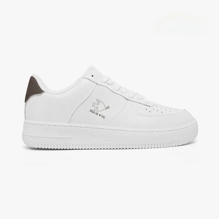 Outer side view of the right sneaker in white, displaying the minimalist "SPREAD LOVE ♥ PEACE" illustration and thick rubber midsole facing right.