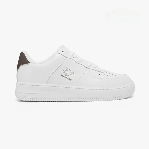 Outer side view of the right sneaker in white, displaying the minimalist "SPREAD LOVE ♥ PEACE" illustration and thick rubber midsole facing right.