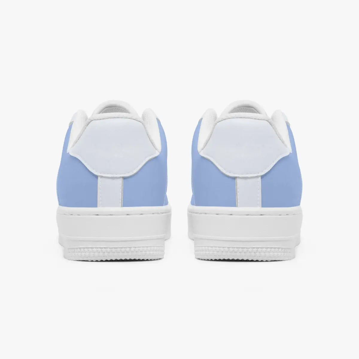 Rear view of a pair of periwinkle blue and white low-top sneakers showing the padded heel counters and solid white outsoles.