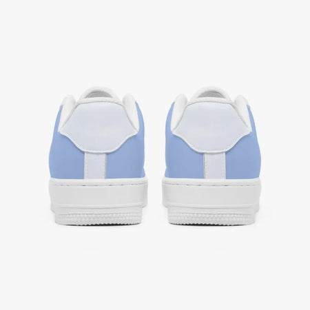 Rear view of a pair of periwinkle blue and white low-top sneakers showing the padded heel counters and solid white outsoles.