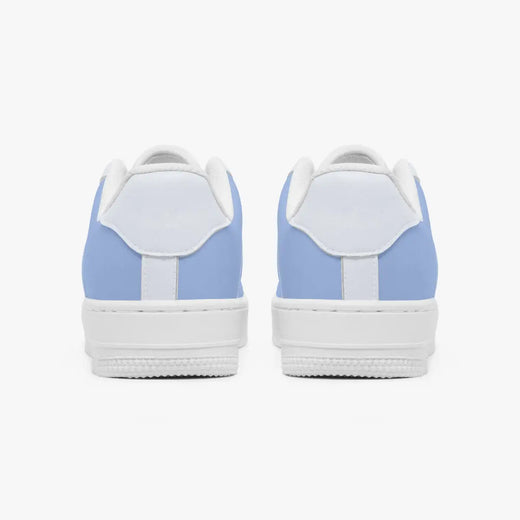 Rear view of a pair of periwinkle blue and white low-top sneakers showing the padded heel counters and solid white outsoles.