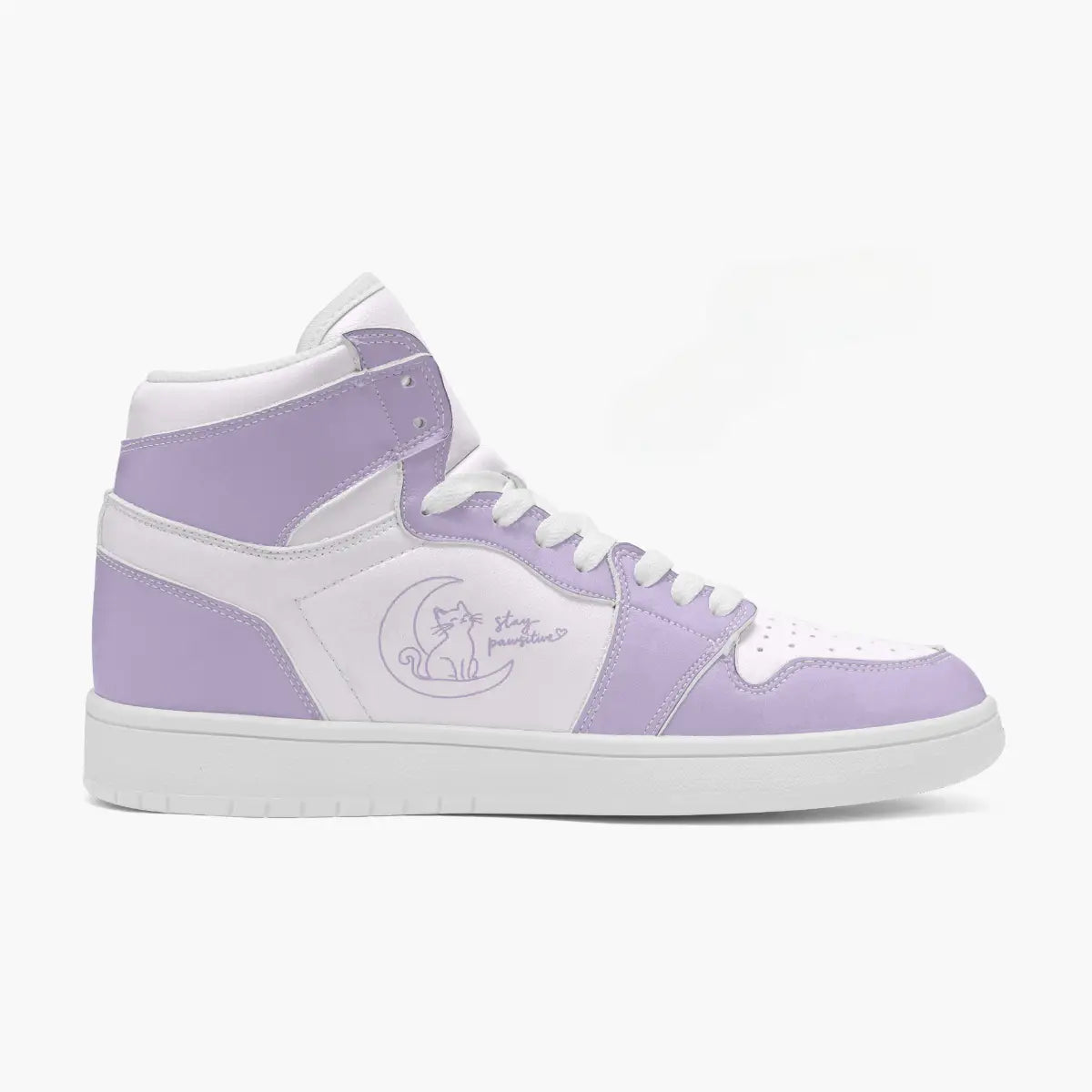 Outer side view of the right shoe in lavender purple and white leather, highlighting the high-top silhouette, cat graphic, and clean white midsole.