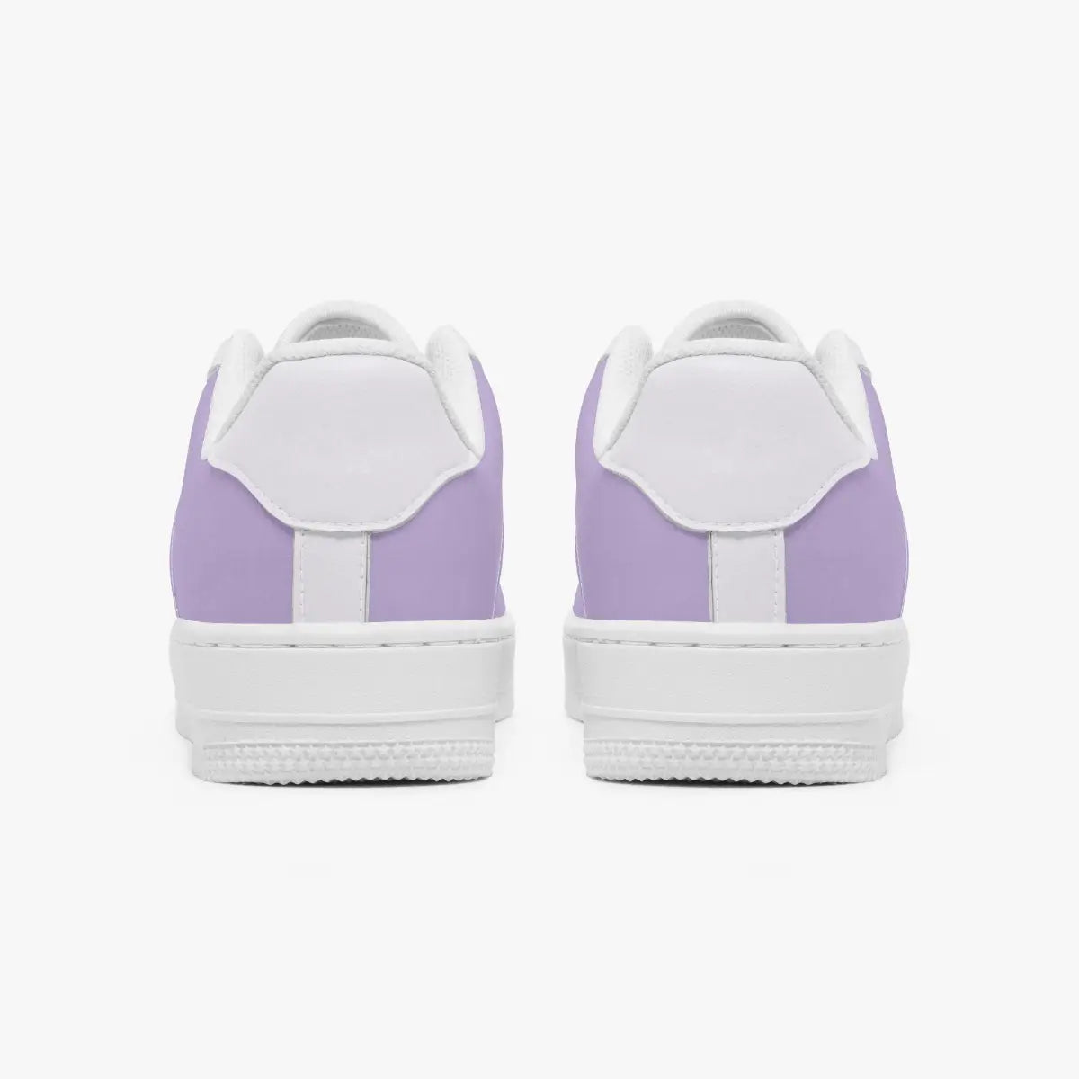 A pair of low-top sneakers shown from the back, featuring light purple panels and white overlays, set against a clean white background.
