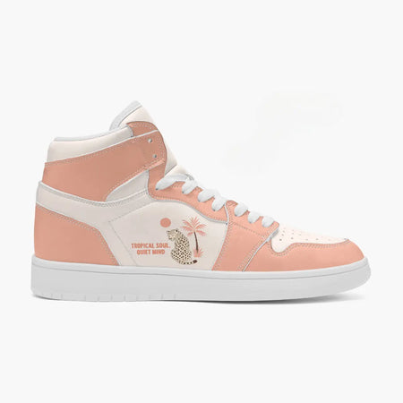 Outer side view of the left sneaker highlighting the high-top silhouette, "TROPICAL SOUL. QUIET MIND" design, and flat white sole facing left.