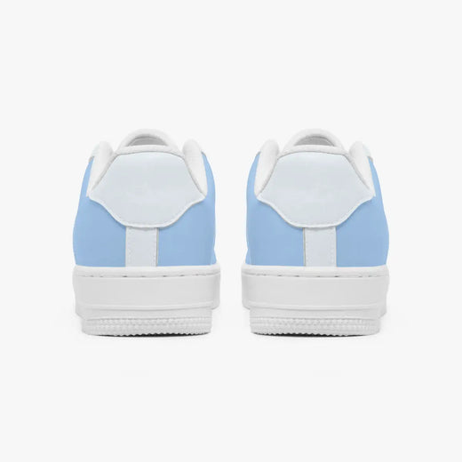 Rear view of a pair of light blue and white low-top sneakers displaying the heel tabs and white textured soles.