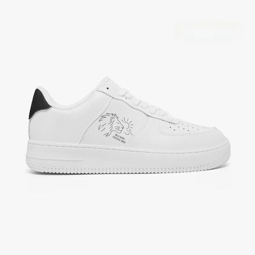Outer side view of the right sneaker in white leather, highlighting the minimalist lion illustration and black heel accent facing right.