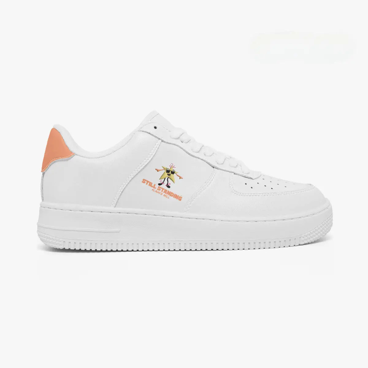 Outer side view of the right sneaker featuring a white leather upper, side cartoon print, and thick rubber midsole facing right.
