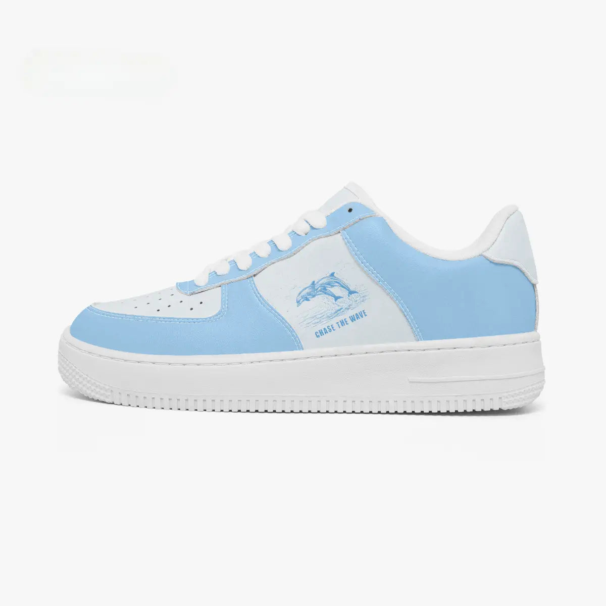 Side profile view of the left sneaker in sky blue and white leather, highlighting the "CHASE THE WAVE" dolphin design, sky blue panels, white laces, and white cupsole facing right.