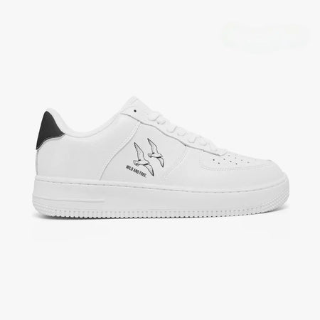 Side profile view of the right sneaker showcasing the clean white upper, dual bird graphics, black heel accent, and textured white rubber sole facing right.