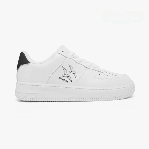 Side profile view of the right sneaker showcasing the clean white upper, dual bird graphics, black heel accent, and textured white rubber sole facing right.