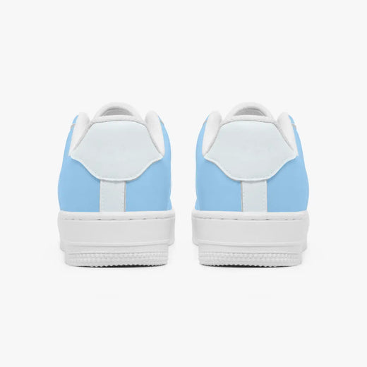 Rear view of sky blue and white sneakers displaying sky blue heel overlays, white leather collar tabs, and textured white rubber platform midsoles.