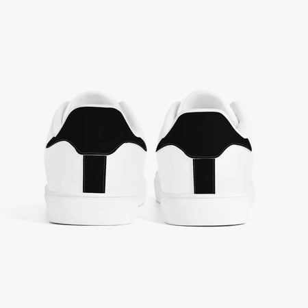 Rear view of minimalist white leather sneakers highlighting black heel tab overlays, white padded collars, and clean white rubber midsoles.