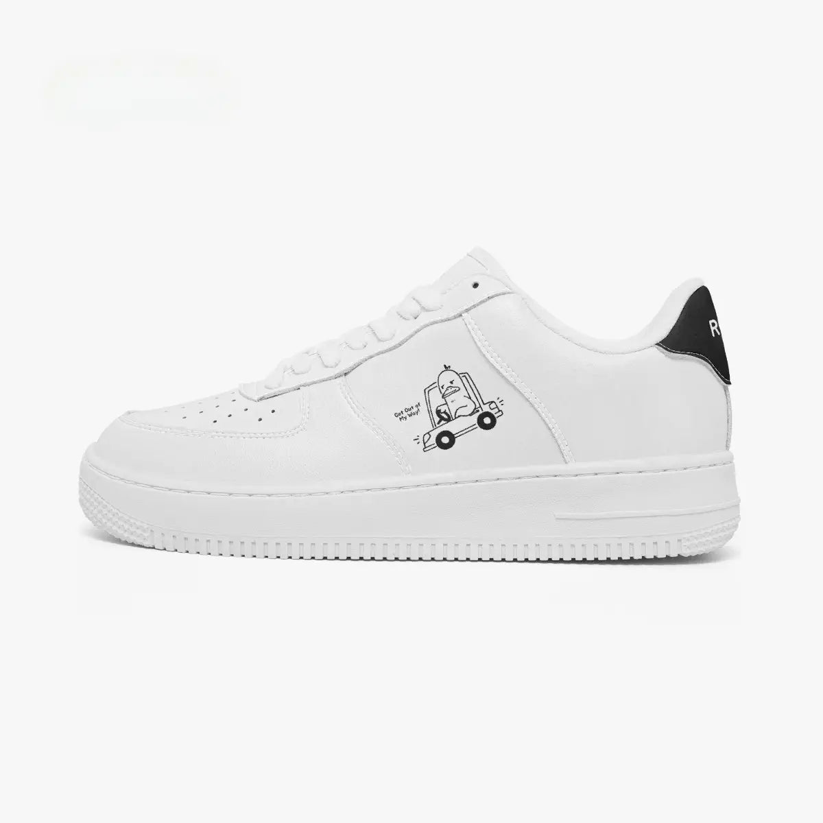 Outer side view of the left sneaker featuring an all-white silhouette, textured white midsole, and cartoon car graphic facing left.