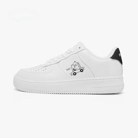 Outer side view of the left sneaker featuring an all-white silhouette, textured white midsole, and cartoon car graphic facing left.