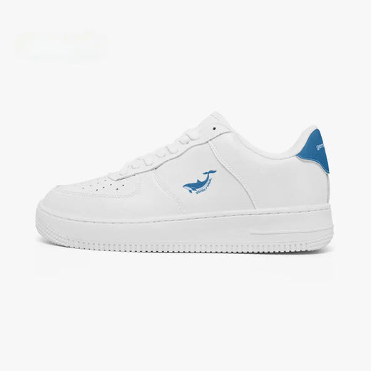 A white low-top sneaker with a blue shark logo on the side and a blue heel tab, shown in profile against a plain white background.