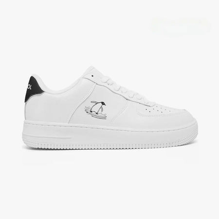 Outer side view of the right sneaker in white leather, highlighting the surfing penguin line illustration and clean white midsole facing right.
