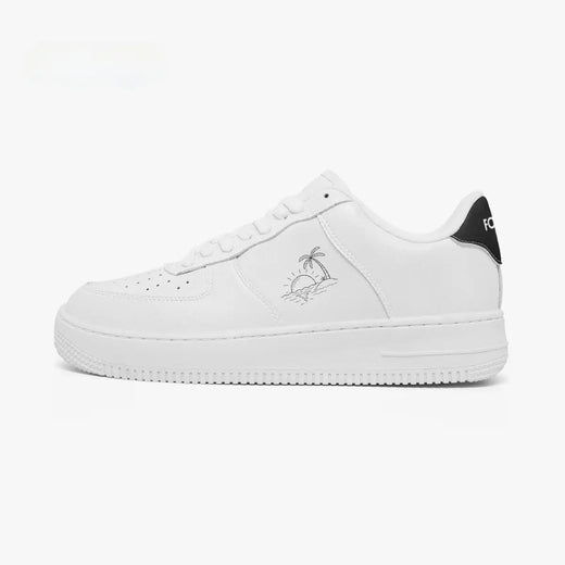 A white low-top sneaker with a small gray palm tree and sun graphic on the side, featuring a black heel tab with white lettering, shown in profile against a light gray background.